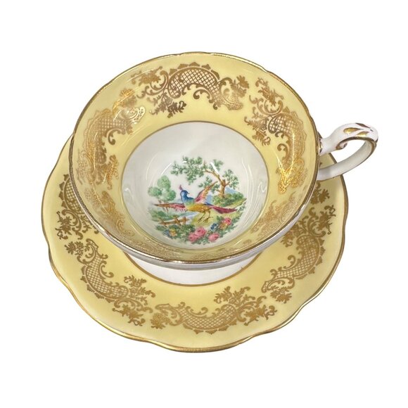 Vintage EB Foley Bone China Teacup & Saucer Set Yellow/Gold Floral Bird England - Picture 1 of 8